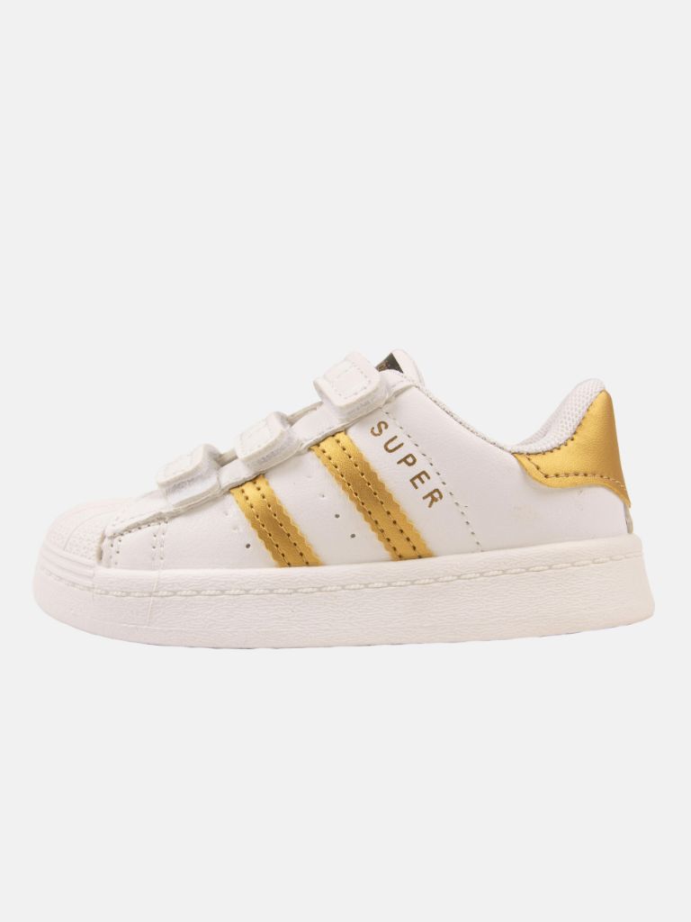 Unisex Triple Strap Trainers with Gold stripes - White and Gold