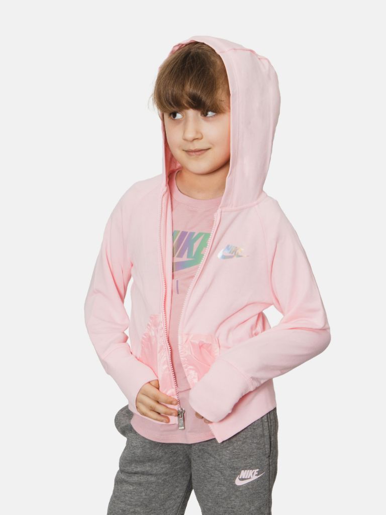 Nike Junior Girl Zip - Up Hooded Jacket With Shiny Pockets and Iridescent Logo- Pink
