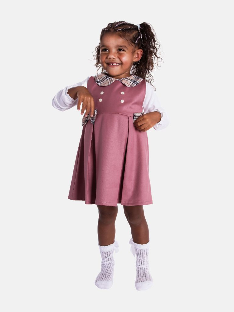 Baby Girl Luna Collection Chic Fashionista Dress with Tartan Bows and Collar - Dusty Pink