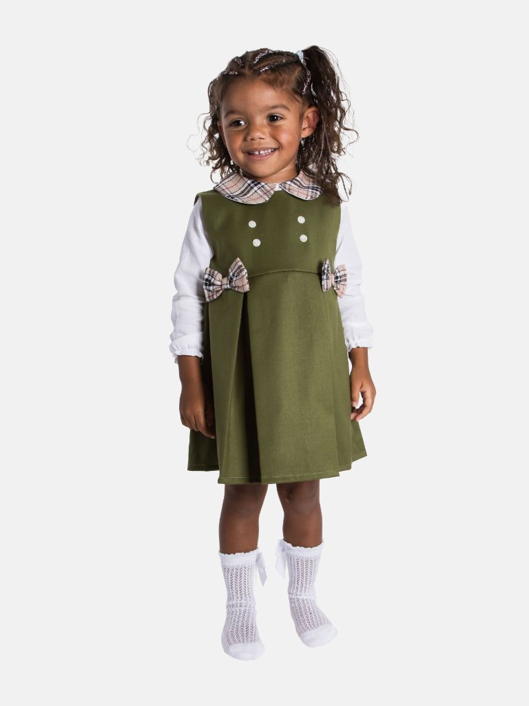 Baby Girl Luna Collection Chic Fashionista Dress with Tartan Bows and Collar - Olive Green