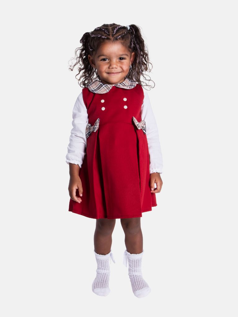 Baby Girl Luna Collection Chic Fashionista Dress with Tartan Bows and Collar - Red