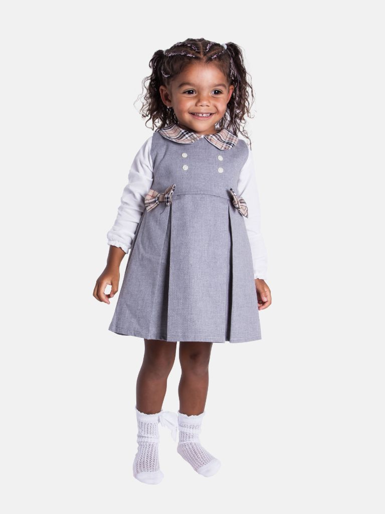 Baby Girl Luna Collection Chic Fashionista Dress with Tartan Bows and Collar - Light Grey