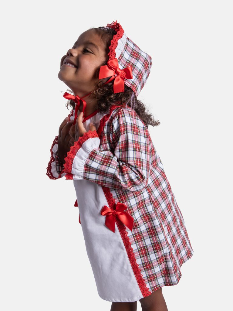 Baby Girl Candy Cane Cuties Collection Tartan Dress with Satin Bows and Bonnet - Red and White