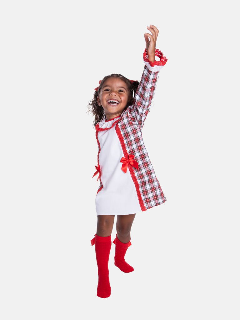 Baby Girl Candy Cane Cuties Collection Tartan Dress with Satin Bows and Bonnet - Red and White