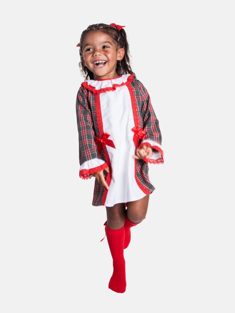 Baby Girl Candy Cane Cuties Collection Tartan Dress with Satin Bows and Bonnet - Red and Green