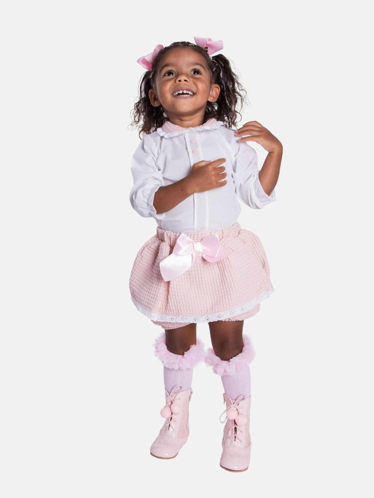 Baby Girl Rosa Waffle Romper with Big Bow and Lace - Baby Pink - Small Fit - Long Sleeves