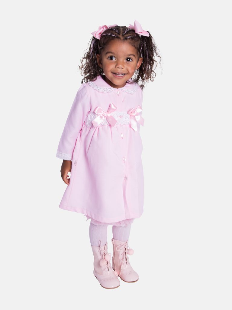 Baby Girl Cardigan Dress and Bonnet with 2 Bows and Lace Trim - Baby Pink