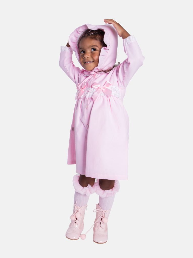 Baby Girl Cardigan Dress and Bonnet with 2 Bows and Lace Trim - Baby Pink