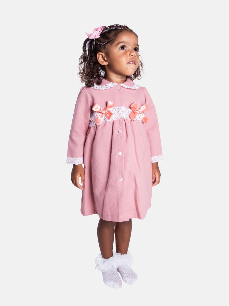 Baby Girl Cardigan Dress and Bonnet with 2 Bows and Lace Trim - Dusty Pink