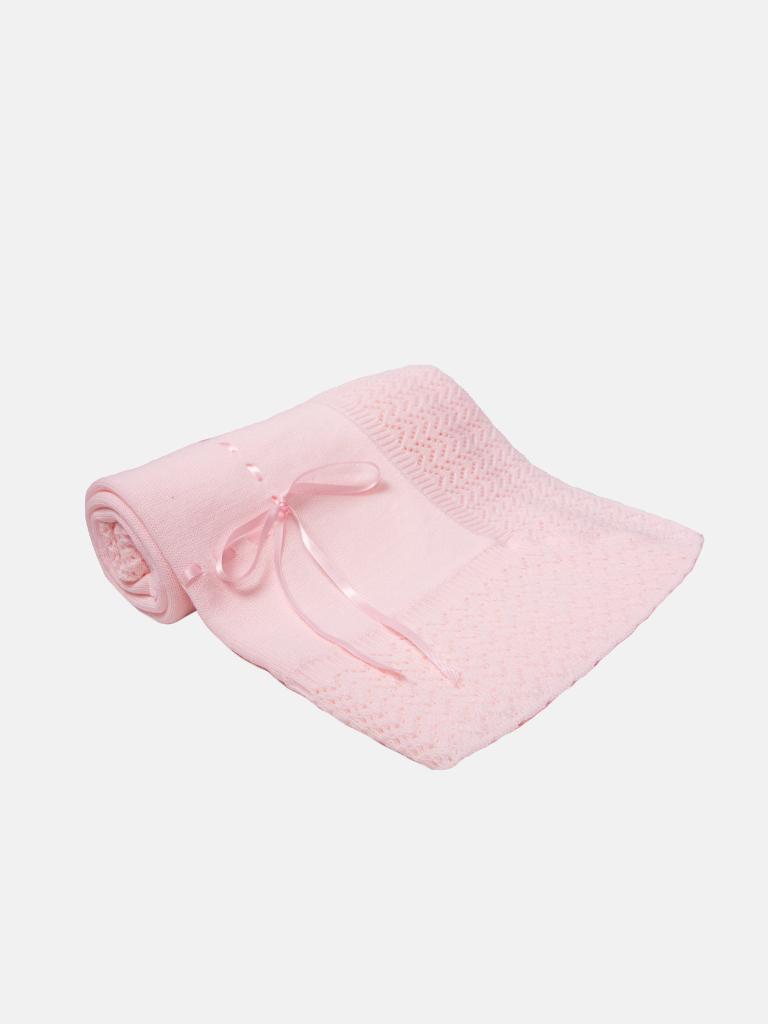 Baby Spanish Luxury Knitted Shawl with Ribbon - Baby Pink