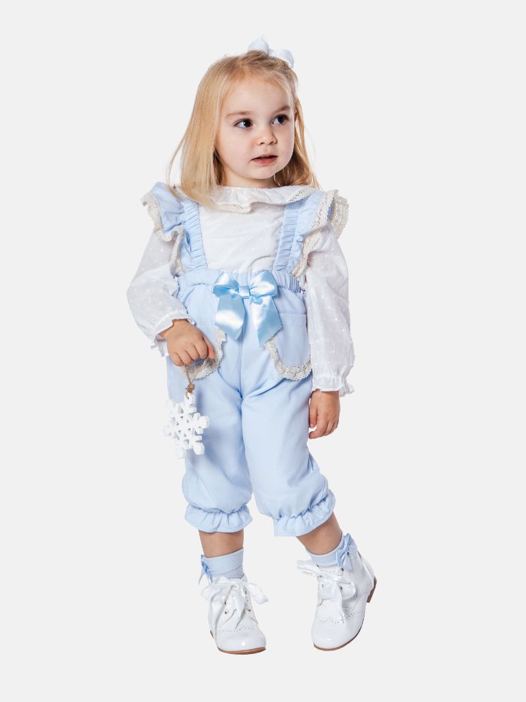 Baby Girl Clara Collection Spanish Jumpsuit with Bow and Frilly Lace - Baby Blue