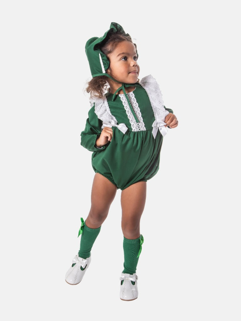 Baby Girl Nevaeh Collection Spanish Romper with Lace, Satin Bows, and Matching Bonnet - Green