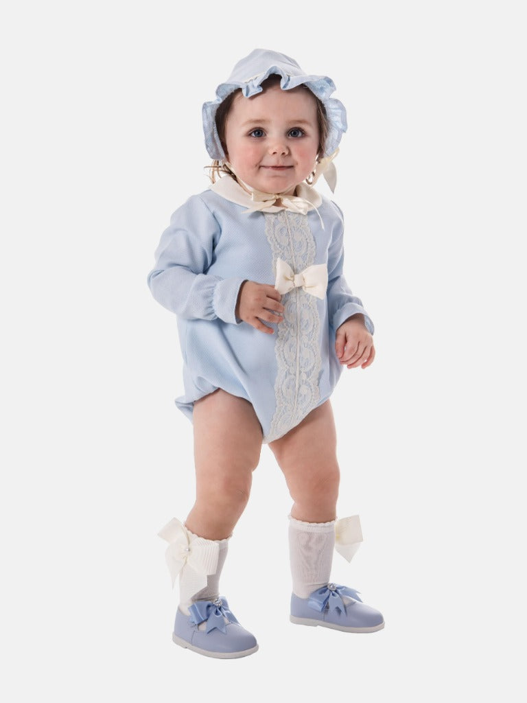 Baby Girl Lellie Collection Spanish Romper with Decorative Lace Placket, Satin Bow and Frilly Bonnet - Baby Blue