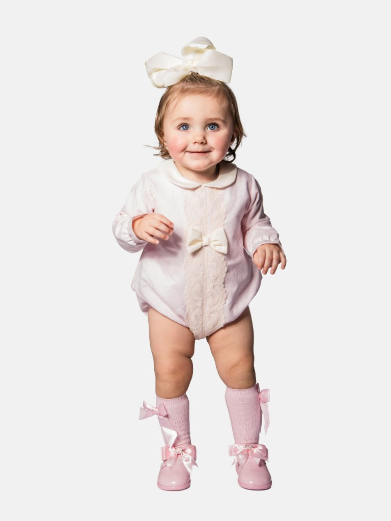 Baby Girl Lellie Collection Spanish Romper with Decorative Lace Placket, Satin Bow and Frilly Bonnet - Baby Pink