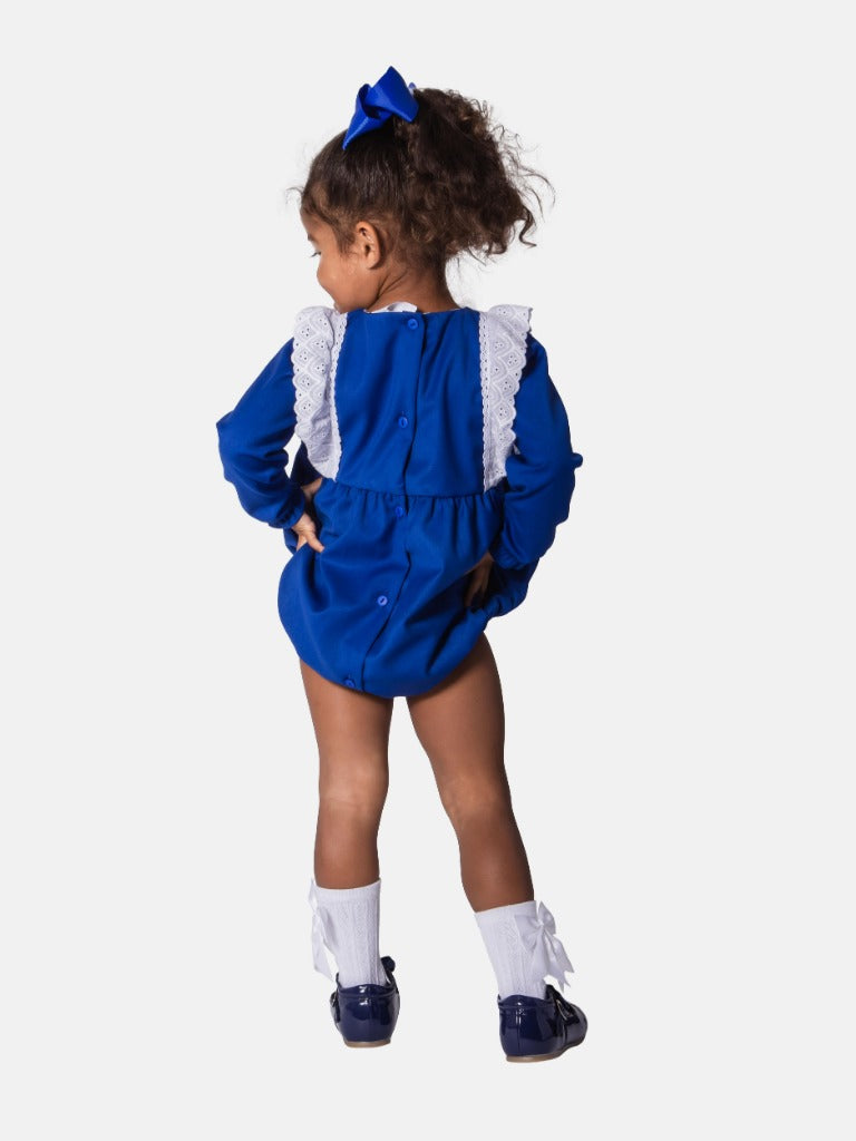Baby Girl Nevaeh Collection Spanish Romper with Lace, Satin Bows, and Matching Bonnet - Royal Blue