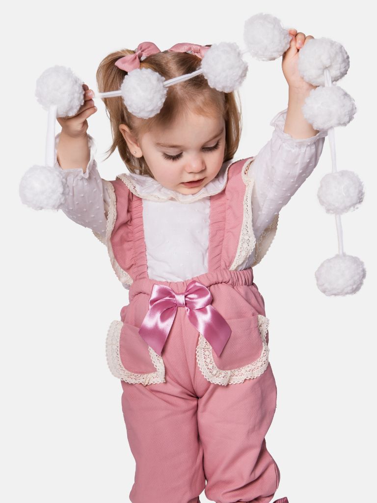 Baby Girl Clara Collection Spanish Jumpsuit with Bow and Frilly Lace - Dusty Pink