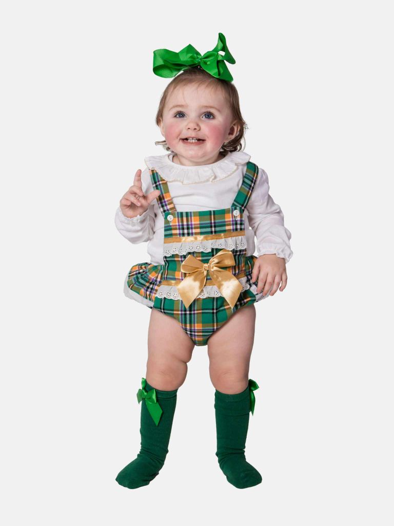 Baby Girl Luxury Tartan Romper - Green with Beige Bow - Small Fit - Long Sleeves