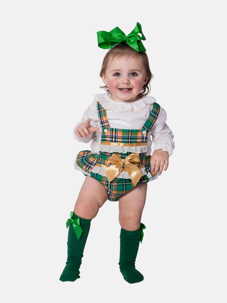 Baby Girl Luxury Tartan Romper - Green with Beige Bow - Small Fit - Long Sleeves