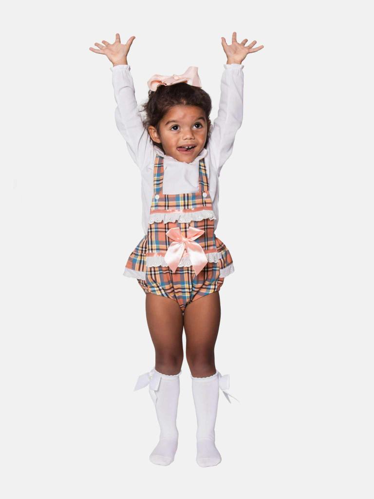 Baby Girl Luxury Tartan Romper - Orange with Peach Bow - Small Fit - Long Sleeves