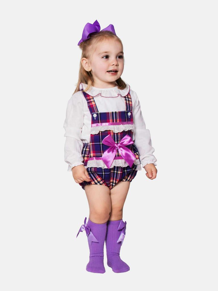 Baby Girl Luxury Tartan Romper - Purple with Lilac Bow - Small Fit - Long Sleeves
