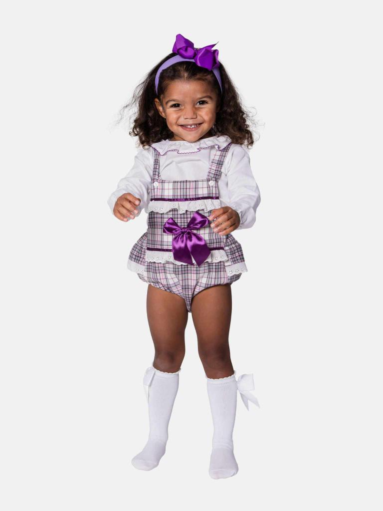 Baby Girl Luxury Tartan Romper - Grey with Purple Bow - Small Fit - Long Sleeves