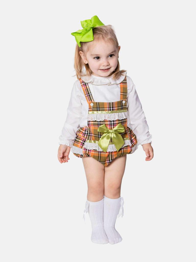 Baby Girl Luxury Tartan Romper - Orange with Green Bow - Small Fit - Long Sleeves