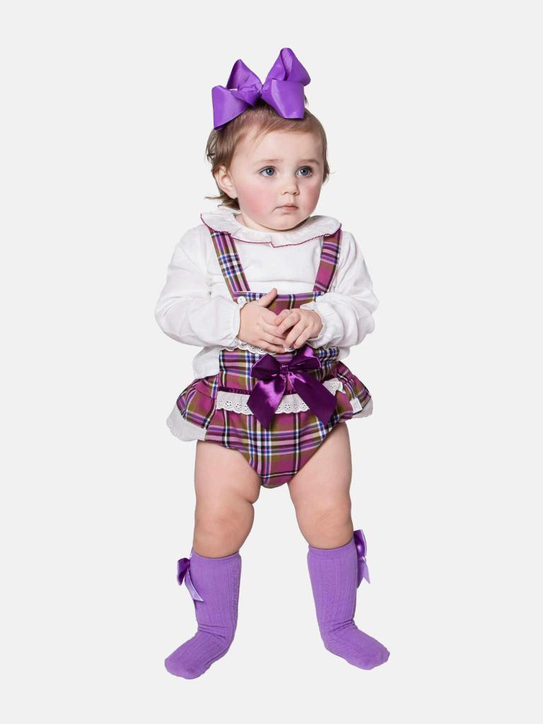 Baby Girl Luxury Tartan Romper - Lilac Pink with Purple Bow