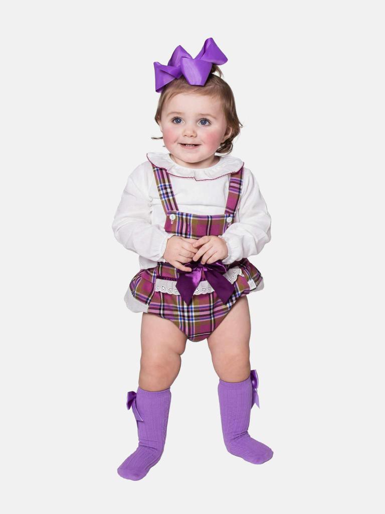 Baby Girl Luxury Tartan Romper - Lilac with Purple Bow - Small Fit - Long Sleeves
