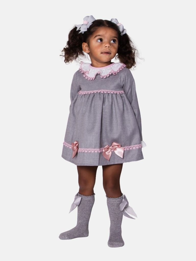 Baby Girl Alma Collection Dress with Lace and Bows - Grey