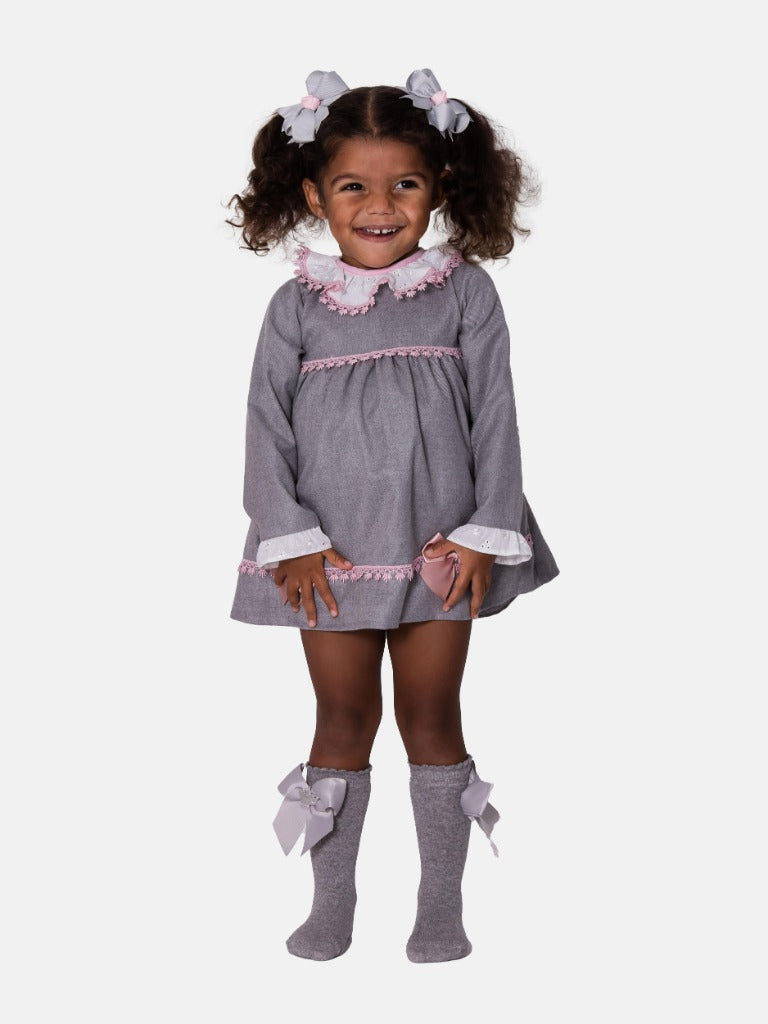 Baby Girl Alma Collection Dress with Lace and Bows - Grey