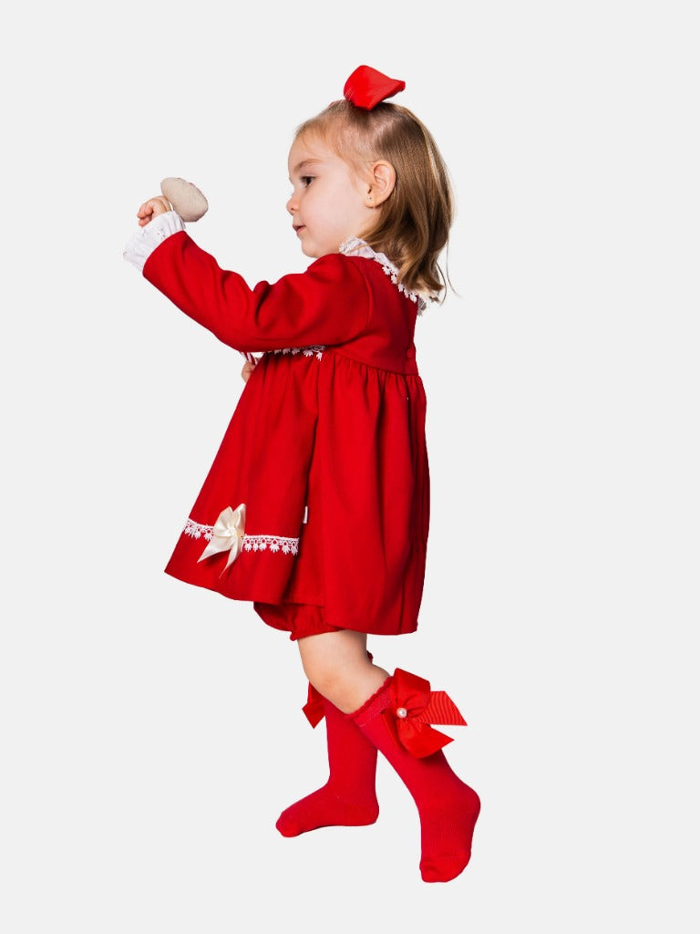 Baby Girl Alma Collection Dress with Lace and Bows - Red