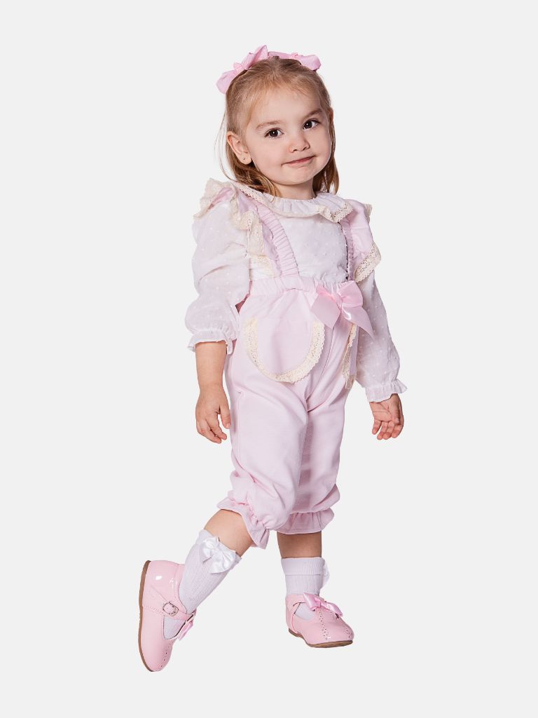 Baby Girl Clara Collection Spanish Jumpsuit with Bow and Frilly Lace - Baby Pink