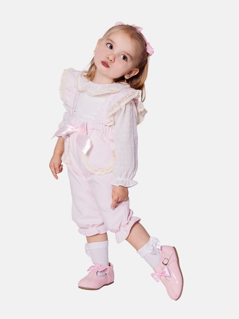 Baby Girl Clara Collection Spanish Jumpsuit with Bow and Frilly Lace - Baby Pink