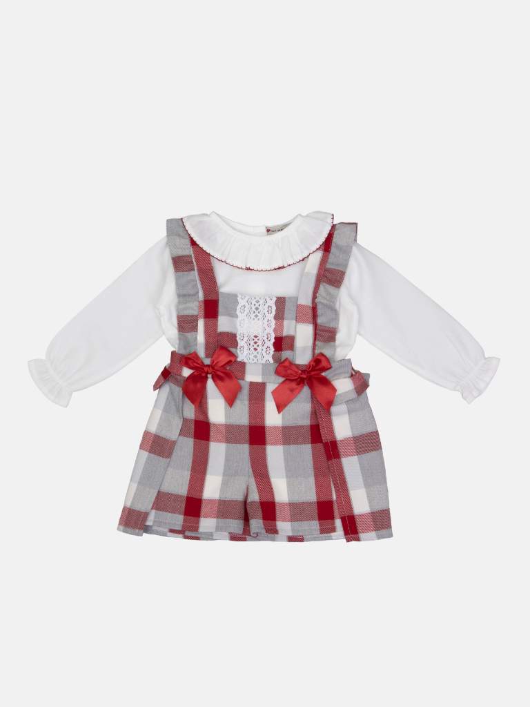 Baby Girl Tartan Romper Dress with Lace placket and 2 Satin Bows - Grey