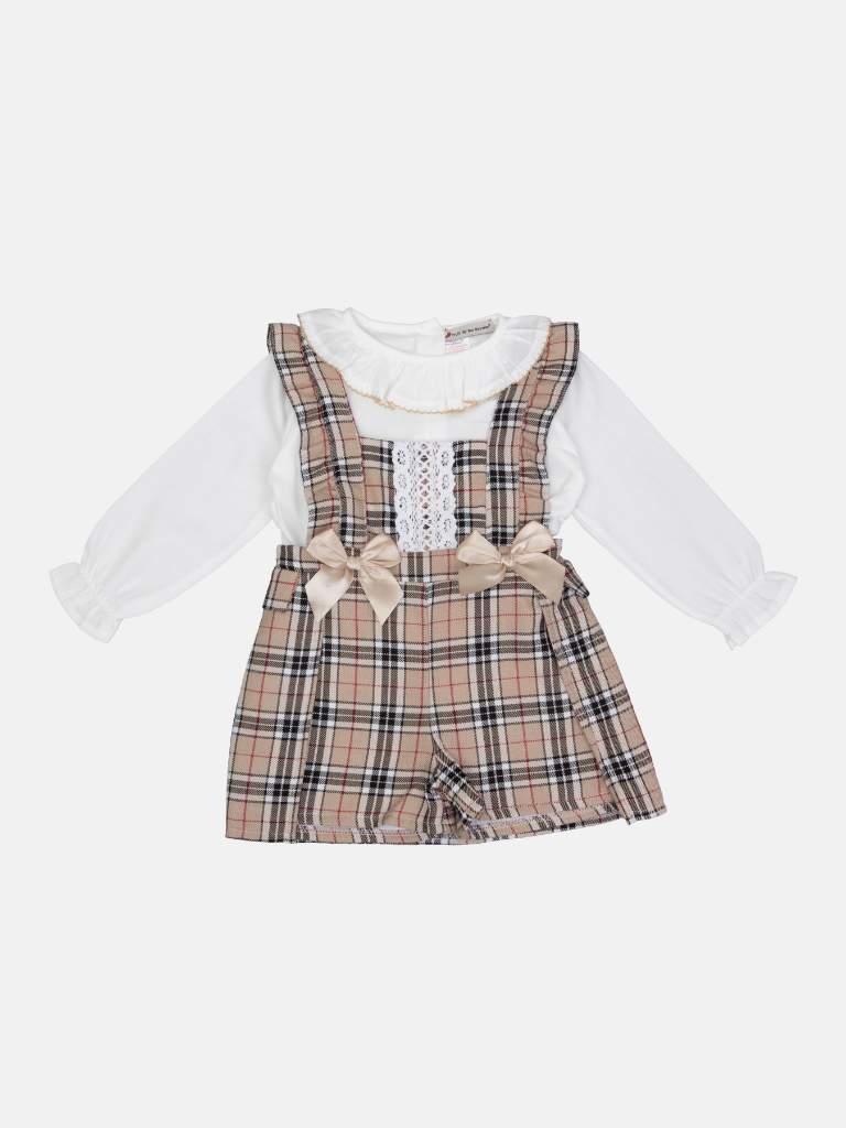 Baby Girl Tartan Romper Dress with Lace placket and 2 Satin Bows - Beige