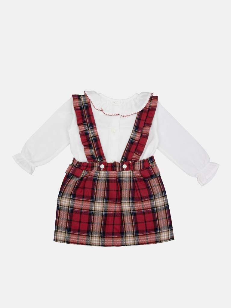 Baby Girl Tartan Romper Dress with Lace placket and 2 Satin Bows - Red