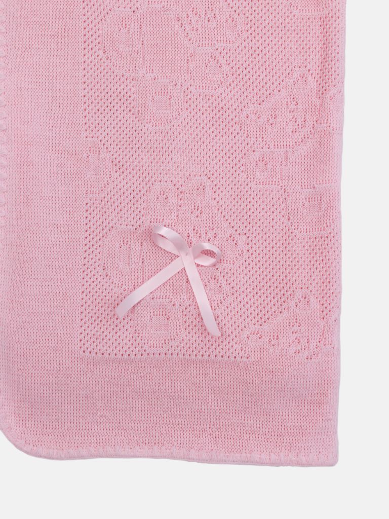 Baby Blanket with Teddy pattern and Ribbon Bow - Pink