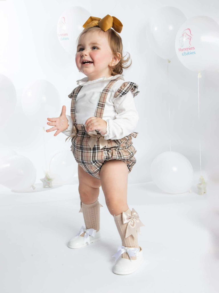 Baby Girl Tartan Beige Romper with 2 Satin Bows - Long Sleeves