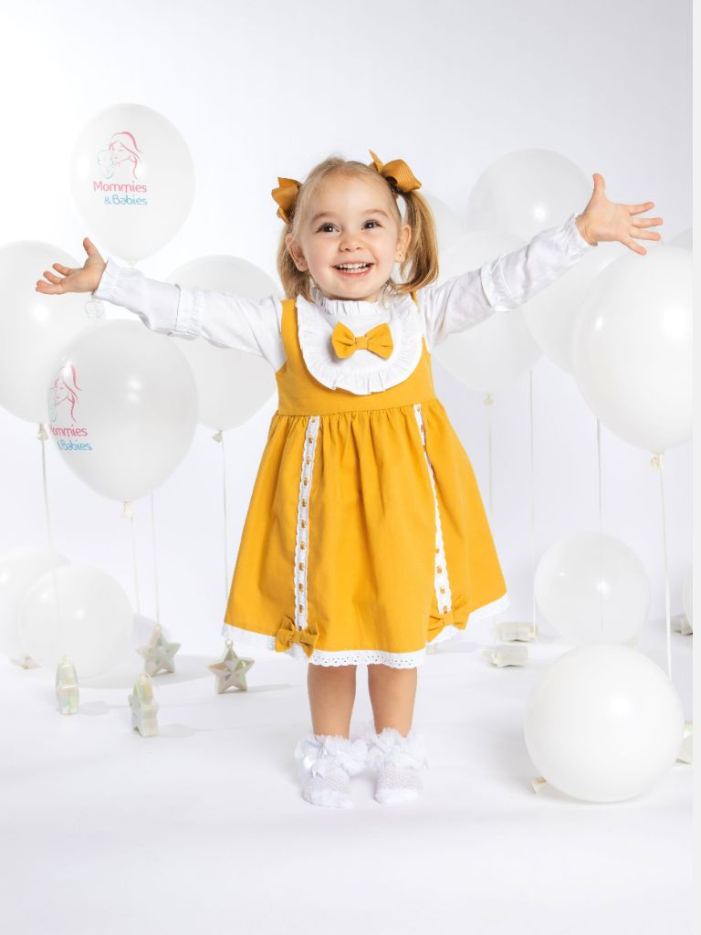 Baby Girl Lucia Collection Dress with Bows and Frilly long sleeve - Mustard - Normal Fit