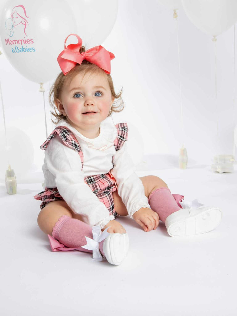 Baby Girl Tartan Coral Romper with 2 Satin Bows - Long Sleeves