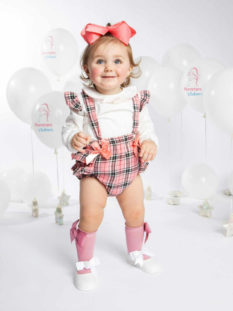 Baby Girl Tartan Coral Romper with 2 Satin Bows - Long Sleeves
