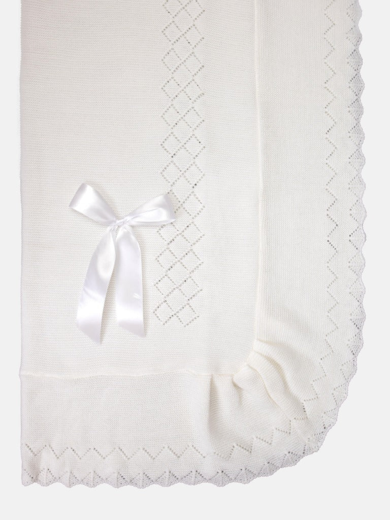 Baby Diamond Knitted White Spanish Blanket with Satin Bow