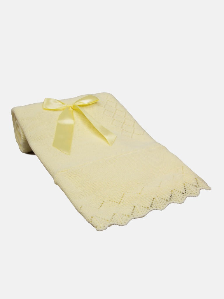 Baby Diamond Knitted Yellow Spanish Blanket with Satin Bow