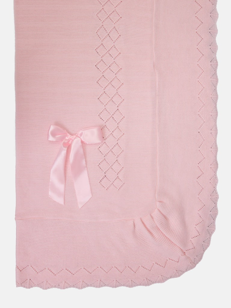 Baby Diamond Knitted Baby Pink Spanish Blanket with Satin Bow