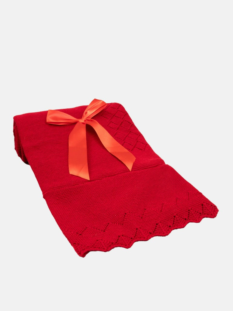 Baby Diamond Knitted Red Spanish Blanket with Satin Bow