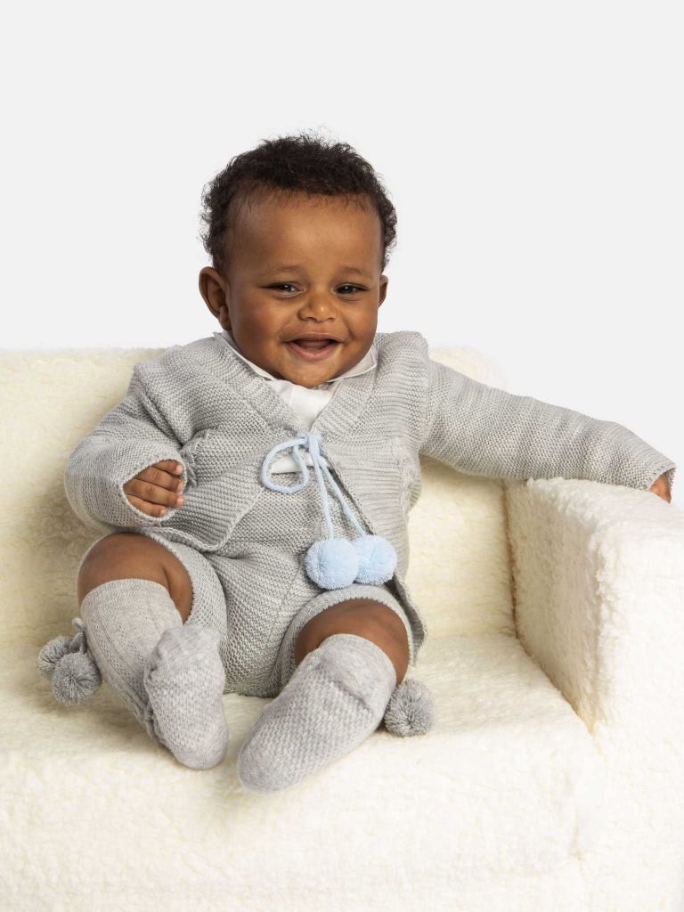 Baby Boy Andora Collection Knitted 2 piece set with Pom-poms - Grey