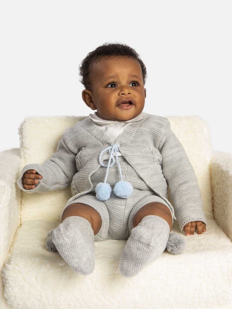 Baby Boy Andora Collection Knitted 2 piece set with Pom-poms - Grey