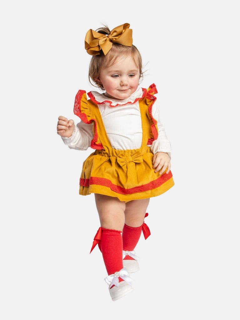 Baby Girl Sara Collection Mustard and Red 2-piece Spanish Set with Bow and Frills