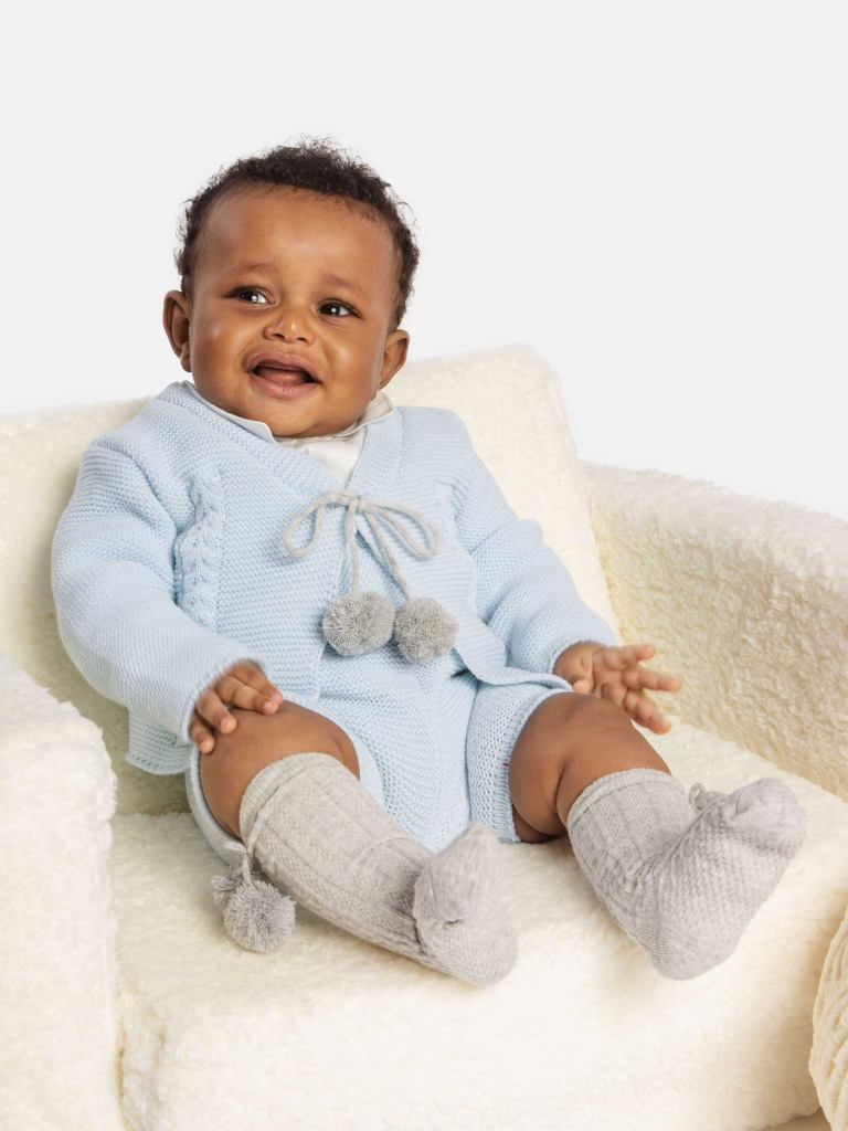 Baby Boy Andora Collection Knitted 2 piece set with Pom-poms - Baby Blue