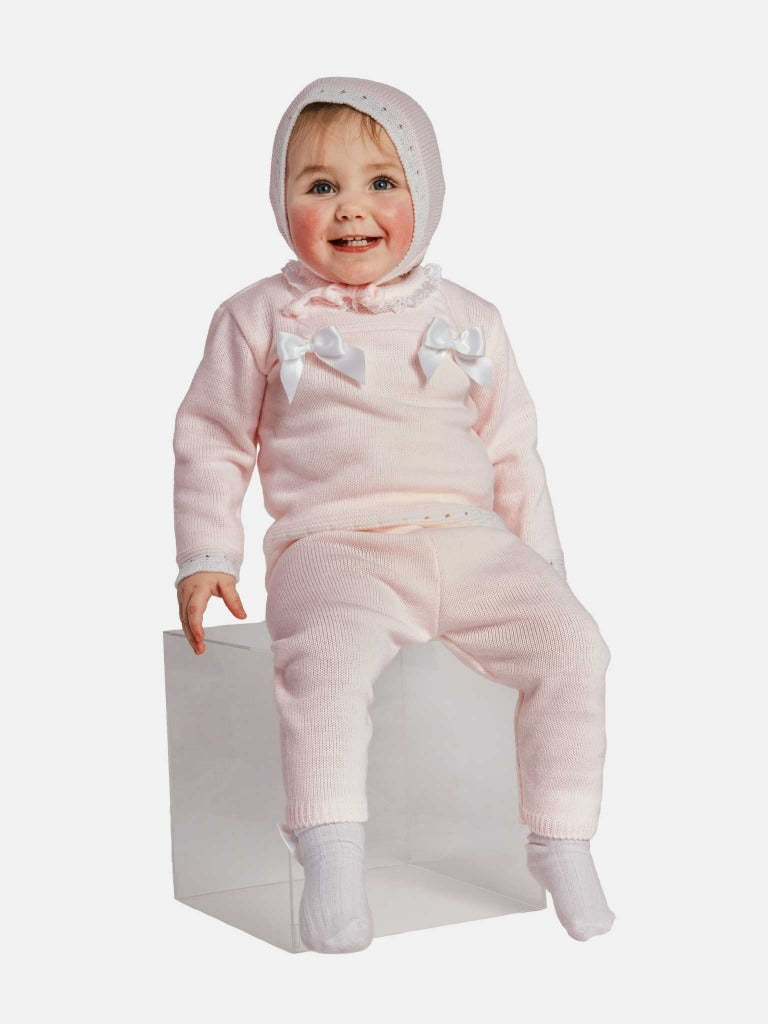 Baby Girl Ana Collection 3-piece Baby Pink Knitted Set with Bows and Bonnet